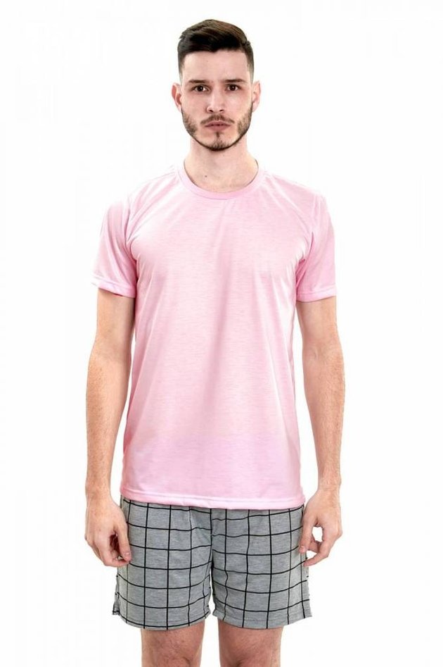 pijama masculino curto camiseta rosa com bermuda xadrez 6