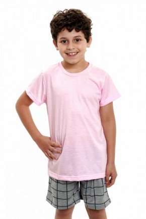 pijama infantil masculino curto camiseta rosa com shorts xadrez 4