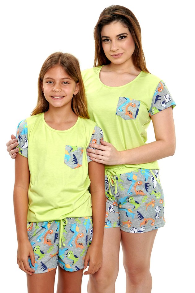 pijamas mae e filha dinossaruso coloridos curto em malha mania pijamas 2