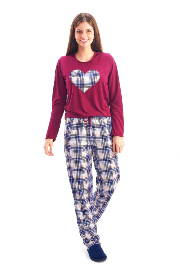 pijama feminino de inverno em malha vinho manga comprida com calca xadrez mania pijamas 2