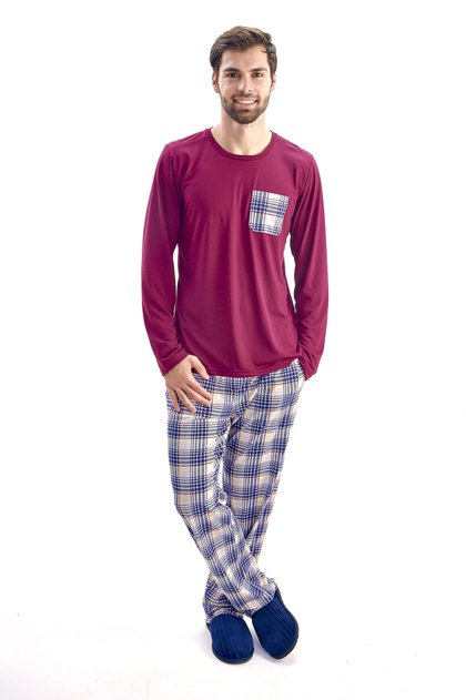 pijama masculino inverno longo de malha vinho com calca xadrez mania pijamas 2