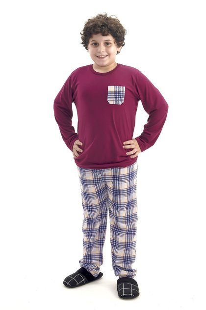 pijama inverno infantil e juvenil masculino vinho com xadrez comprido com calca mania pijamas 2