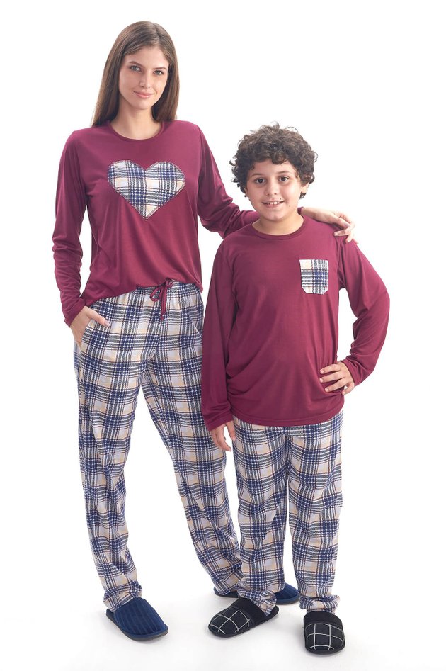 pijama mae e filho de inverno comprido xadrez manga comprida com calca 2