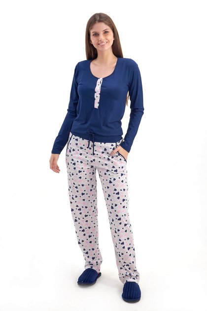 pijama feminino longo de inverno com abertura em botoes modelo coracoes gestante e amamentacao mania pijamas 2