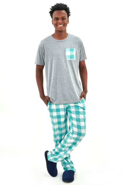 pijama masculino meia estacao manga curta com calca xadrez 3