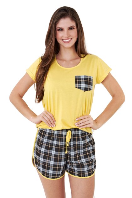 pijama feminino adulto short doll xadrez amarelo mania pijamas essa imagem possui direitos autorais 2