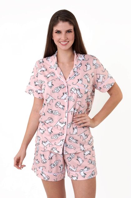 pijama americano feminino de gatinhos com abertura em botoes mania pijamas essa imagem possui direitos autorais 4