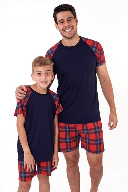 pijama de natal pai e filho marinho xadrez curto mania pijamas 2
