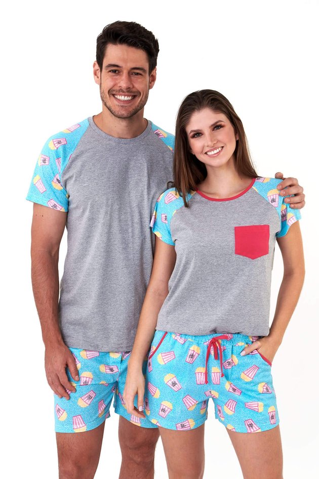 pijama de casal combinando pipocas curto com shorts algodao mania pijamas 2