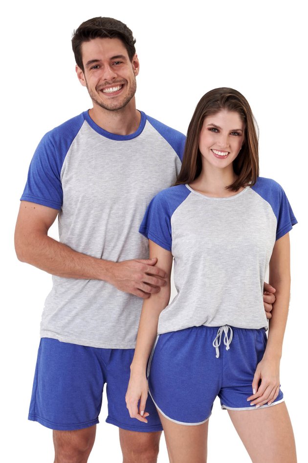 pijama de casal com shorts em malha mescla azul e gelo mania pijamas 2