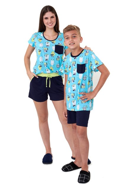 pijama mae e filho monstrinhos coloridos curto com shorts mania pijamas 02
