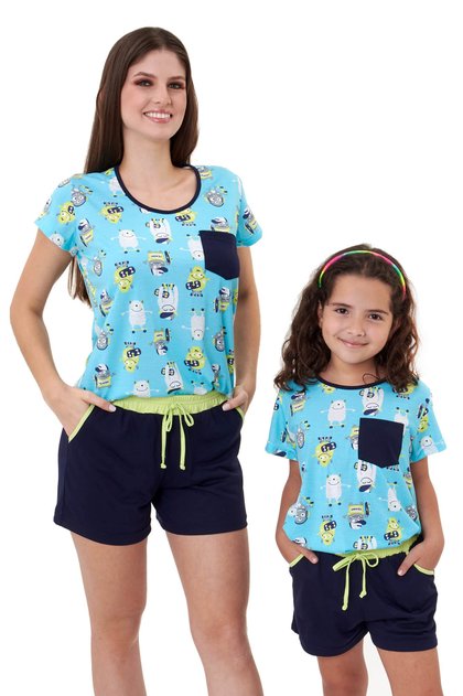 pijamas mae e filha monstrinhos coloridos curto com shorts mania pijamas 3
