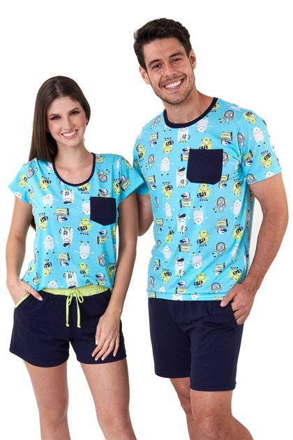 pijama de casal monstrinhos coloridos curto com shorts mania pijamas 1