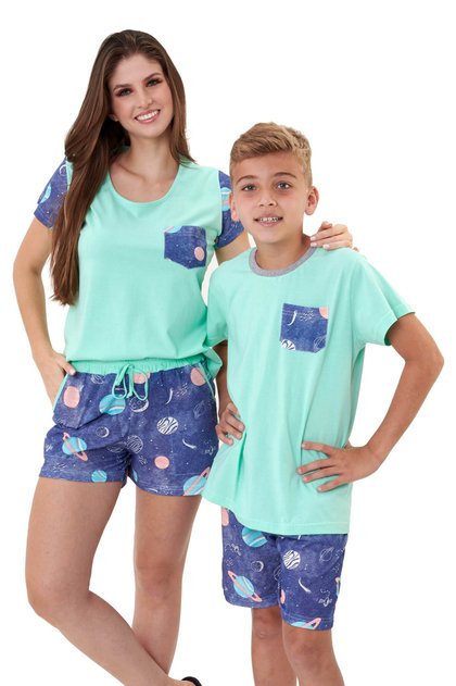 pijama mae e filho curto com shorts algodao planetas mania pijamas 2