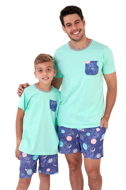 pijama pai e filho curto com short algodao planetas mania pijamas 2