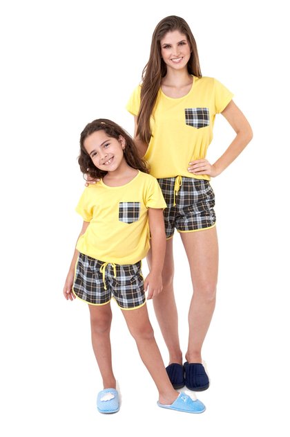 pijama mae e filha xadrez amarelo curto com shorts mania pijamas 2
