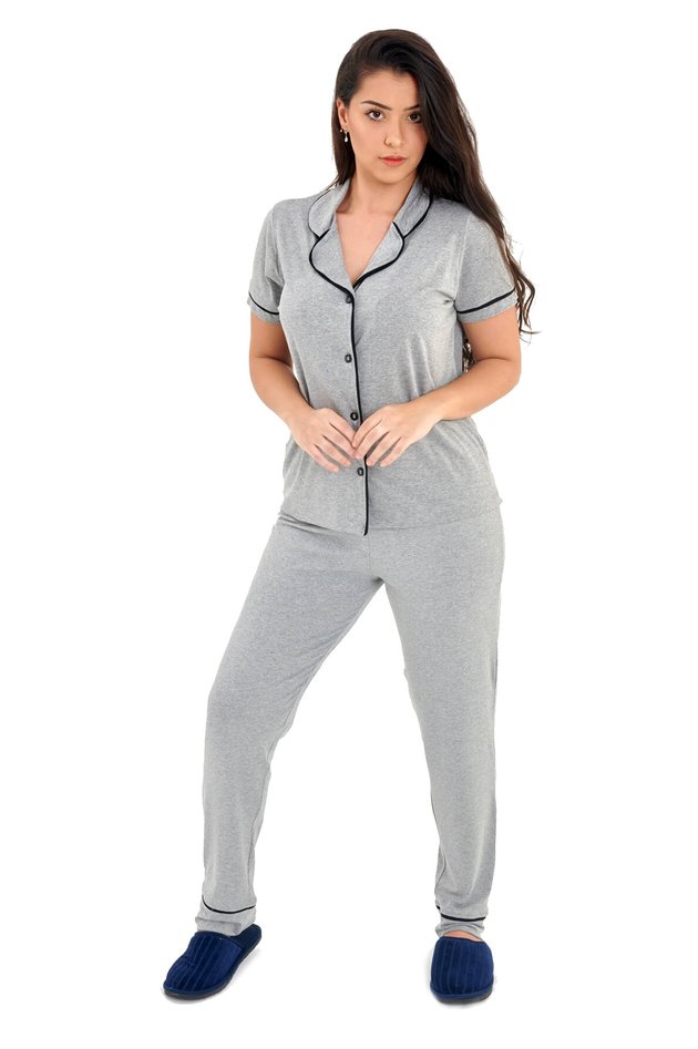 pijama americano de inverno meia estacao manga curta com calca cinza mescla 4