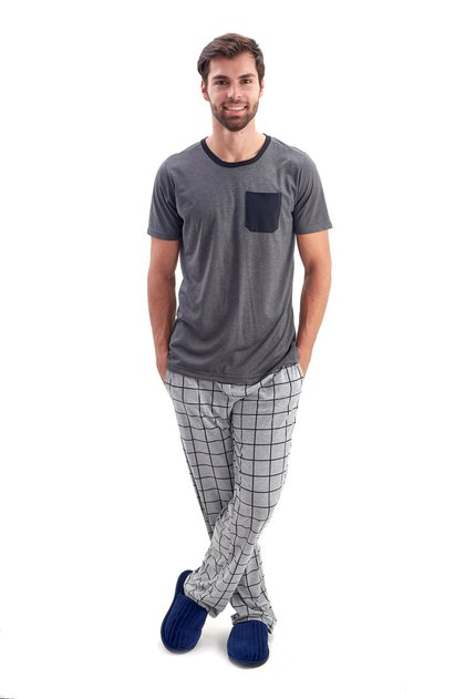 pijama masculino meia estacao xadrez grid manga curta e calca com bolsos