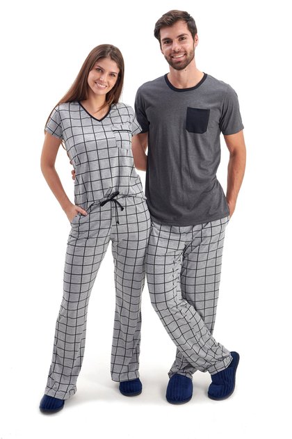 pijama de casal meia estacao xadrez grid manga curta com calca