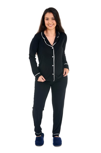 pijama americano longo feminino de inverno manga comprida com calca mania pijamas preto 1