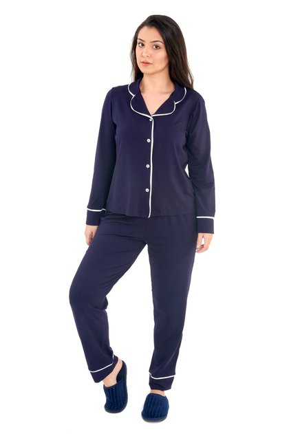 pijama americano longo feminino de inverno manga comprida com calca mania pijamas marinho 3