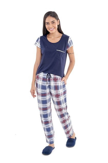 pijama feminino meia estacao manga curta com calca xadrez mania pijamas 2