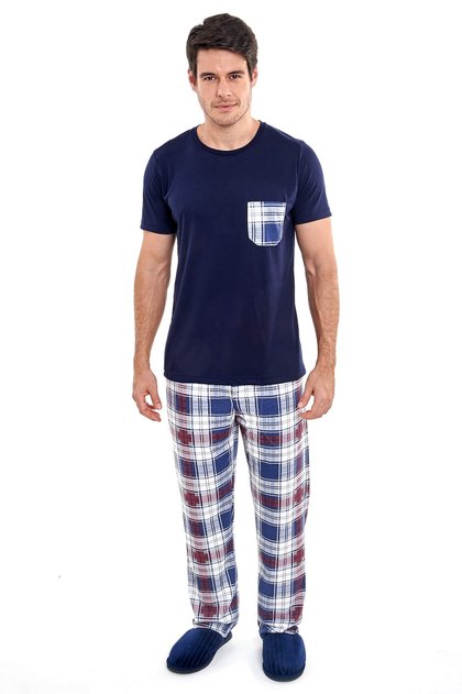 pijama masculino meia estacao manga curta com calca xadrez mania pijamas 3