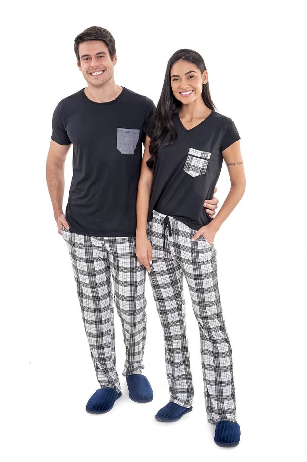 pijama de casal meia estacao xadrez preto mania pijamas 2
