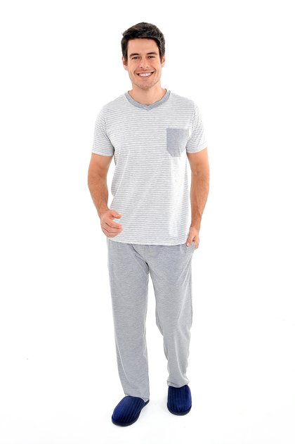 pijama masculino meia estacao manga curta com calca listrado cinza mania pijamas 2
