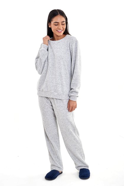 pijama soft plush boucle feminino inverno flanelado cinza mescla mania pijamas 4