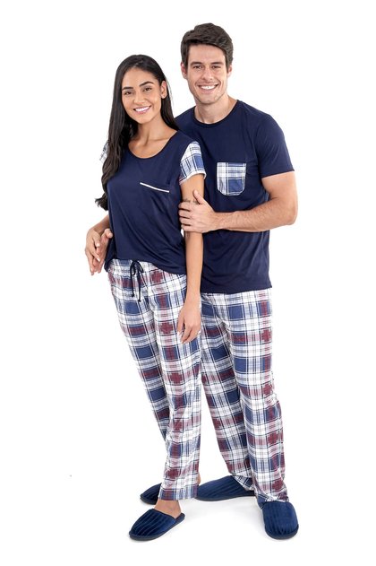 pijama de casal meia estacao xadrez marinho mania pijamas 1