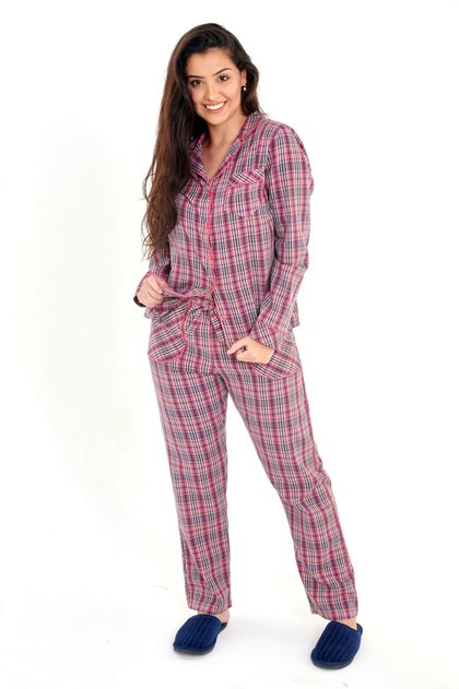 pijama feminino xadrez americano longo aberto com botao salmao 2