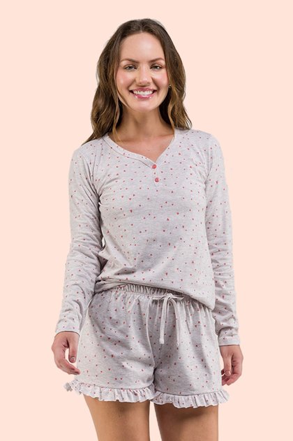 pijama feminino malha manga comprida com shorts 2