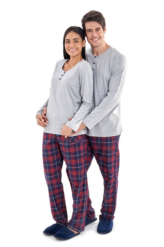 pijama de flanela xadrez casal algodao cinza mescla mania pijamas 2
