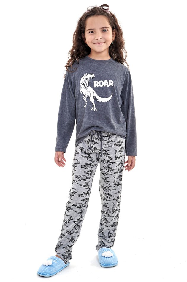 pijama feminino dinossauros inverno infantil malha chumbo mania pijamas 6