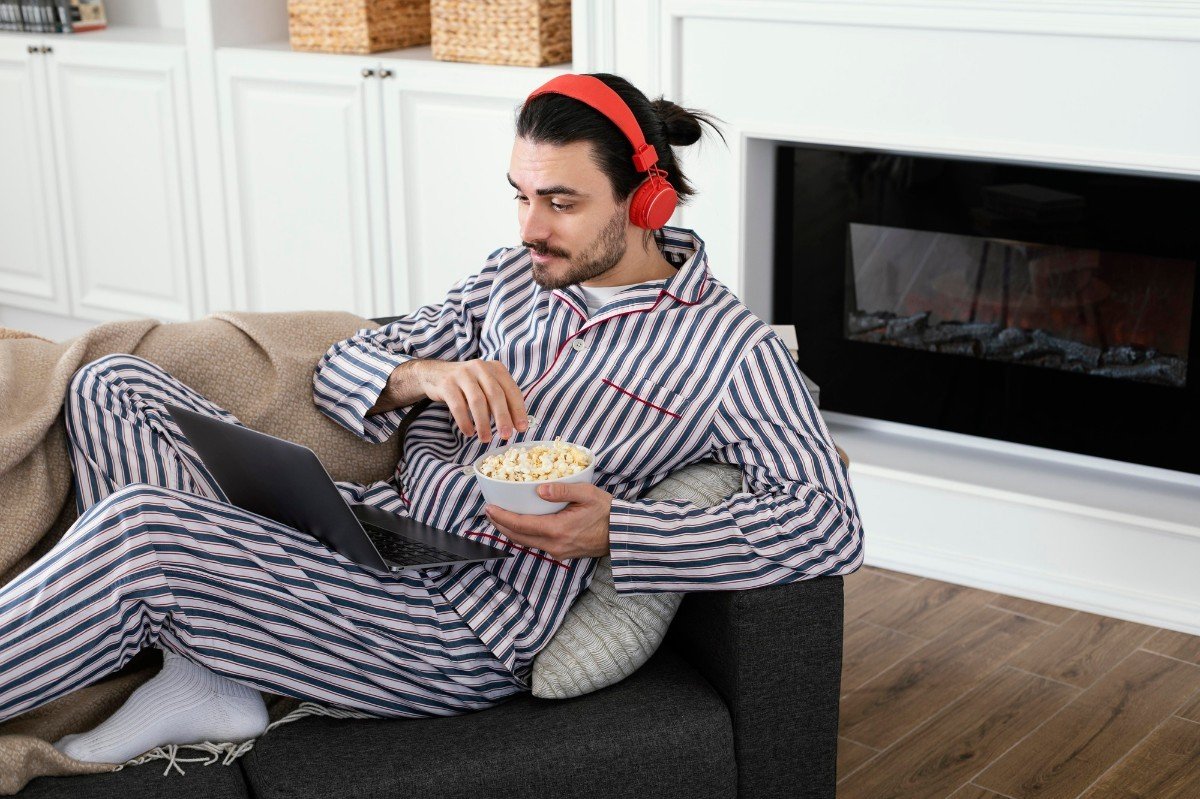 homem de pijamas longos sentado no sofa comendo pipoca