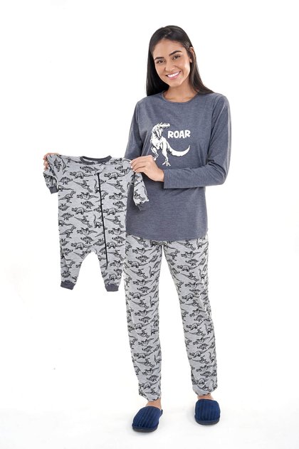kit pijamas mamae e bebe dinossauros longo inverno malha mania pijamas 2