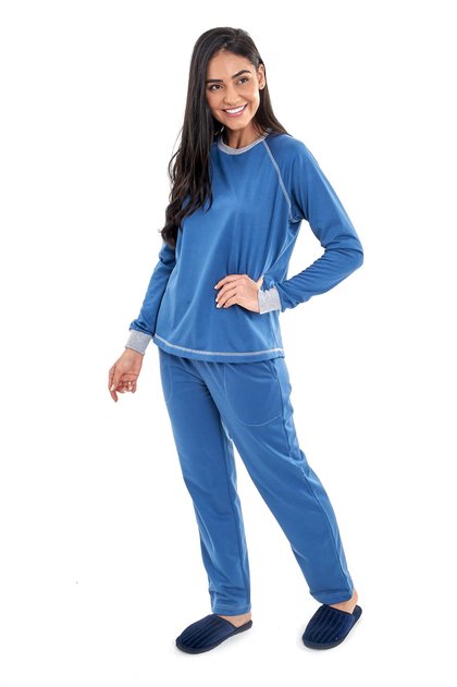 pijama feminino flanelado inverno longo azul mania pijamas 1