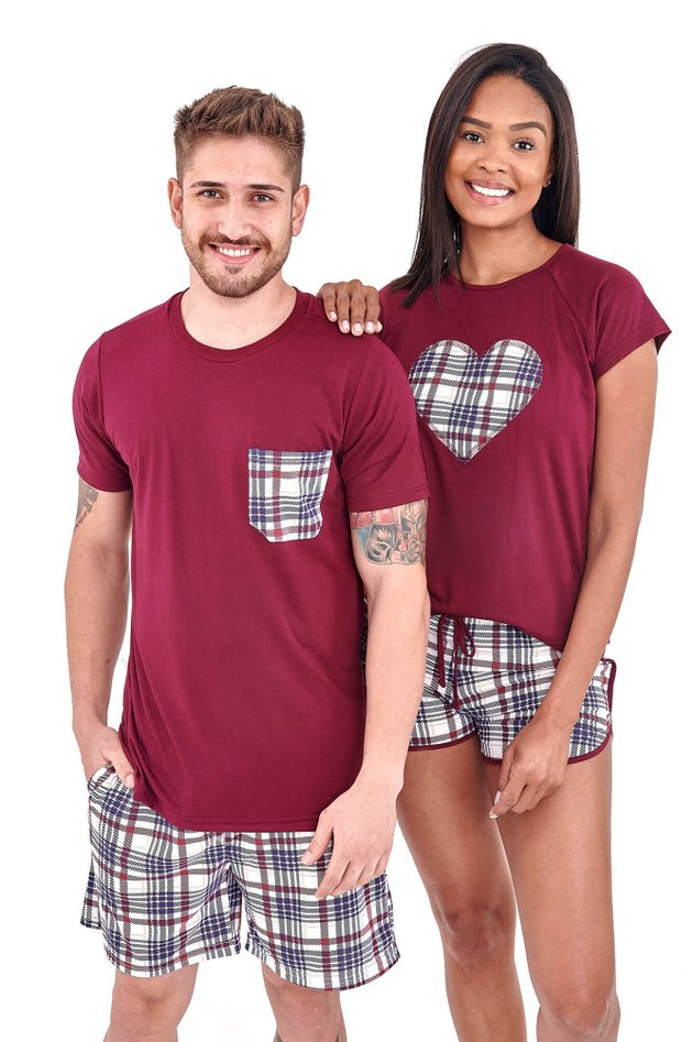 pijamas casal xadrez vinho curto mania pijamas 1