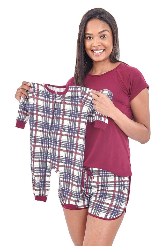 kit pijamas mamae e bebe xadrez vinho curto 1