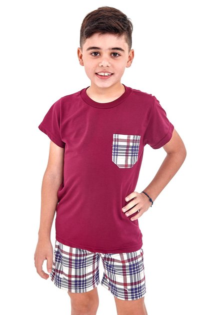 pijama infantil juvenil menino curto xadrez vinho 3