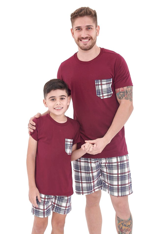 pijama pai e filho xadrez vinho curto 2