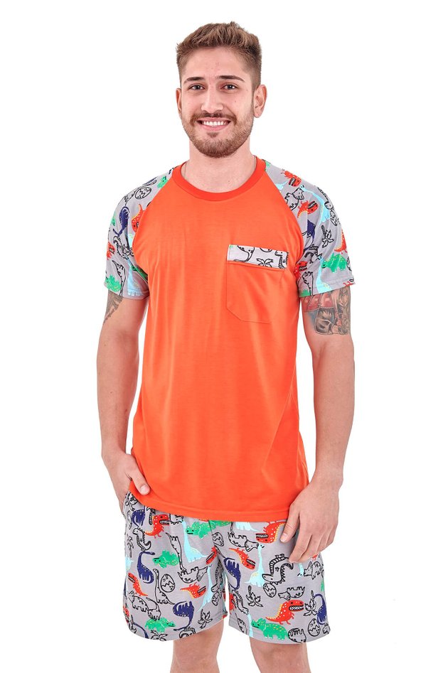 pijama masculino dinossauros curto com shorts laranja mania pijamas 3