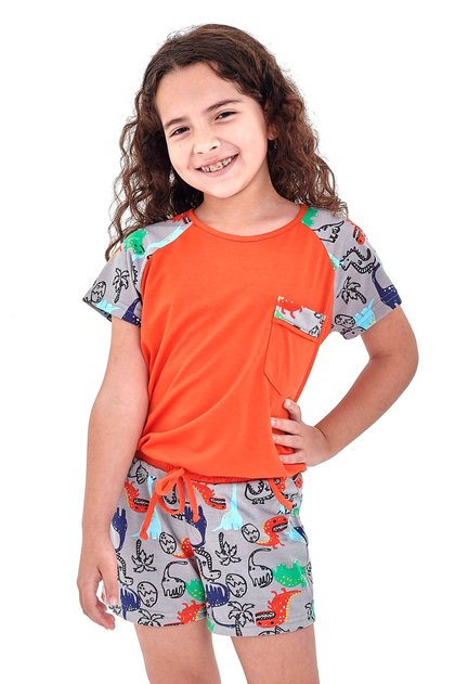 pijama feminino infantil dinossauros curto com shorts laranja mania pijamas 3