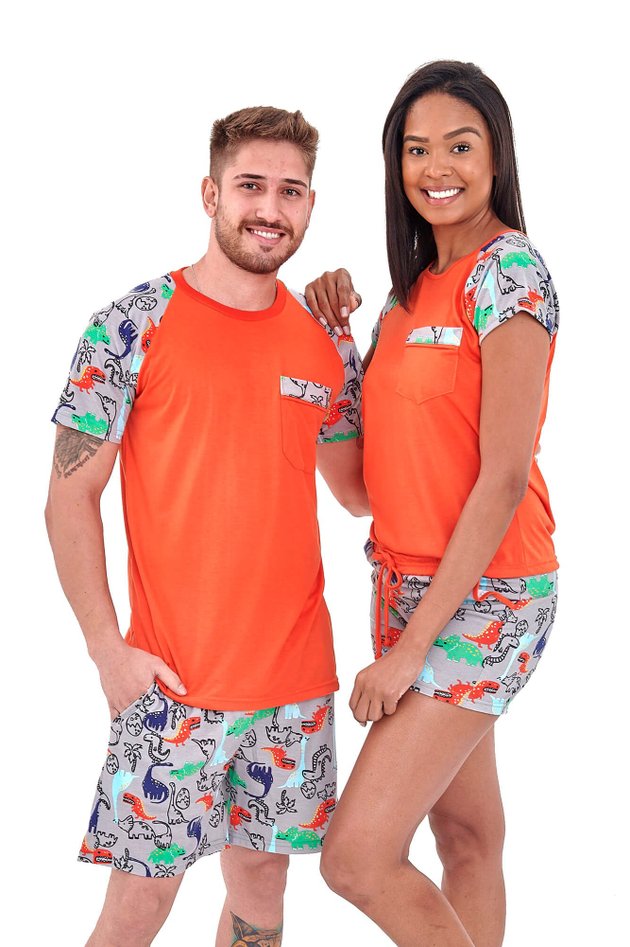 pijama casal curto dinossauros laranja mania pijamas 2