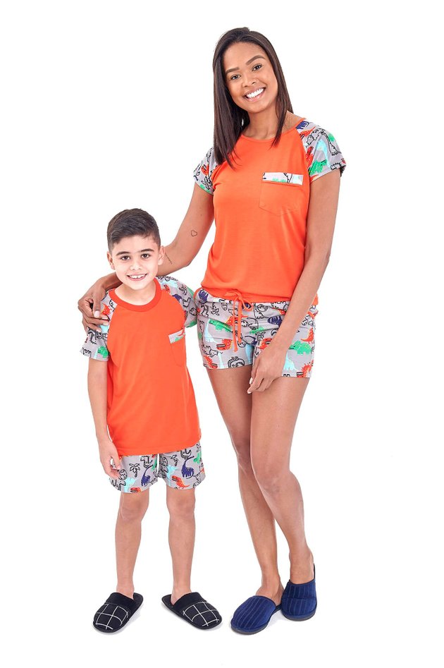 pijama mae e filho curto dinossauros laranja mania pijamas 2