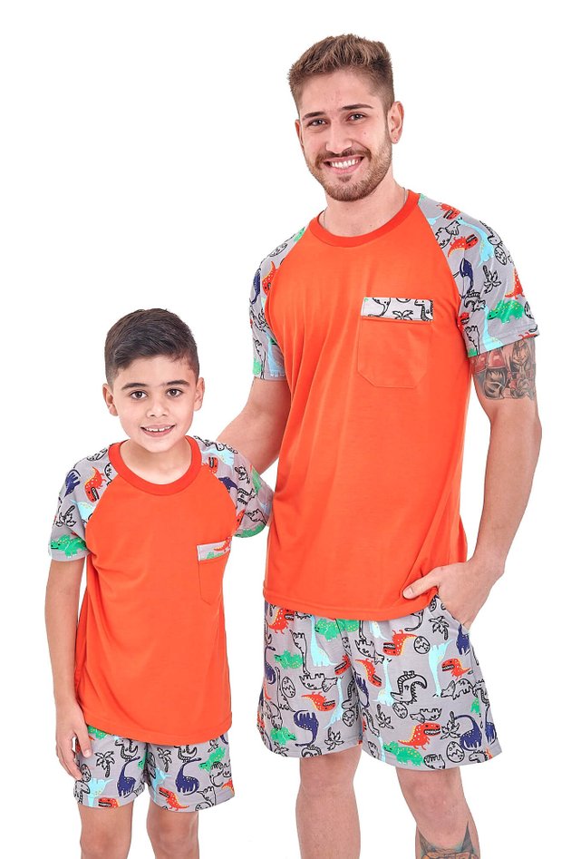 pijama pai e filho curto dinossauros laranja mania pijamas 2
