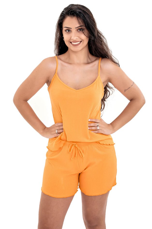 pijama feminino alcinha verao curto canelado laranja 3