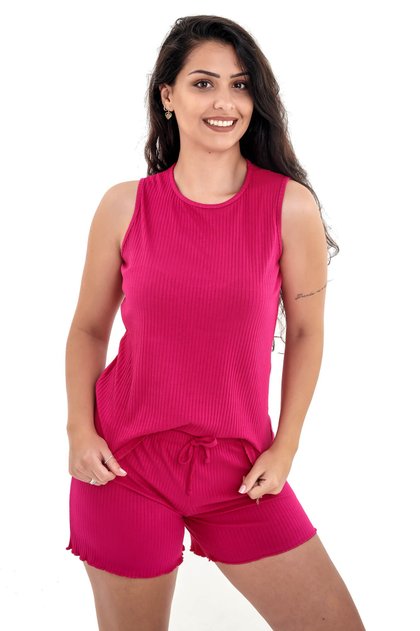 pijama feminino cavado regata verao curto canelado pink 1