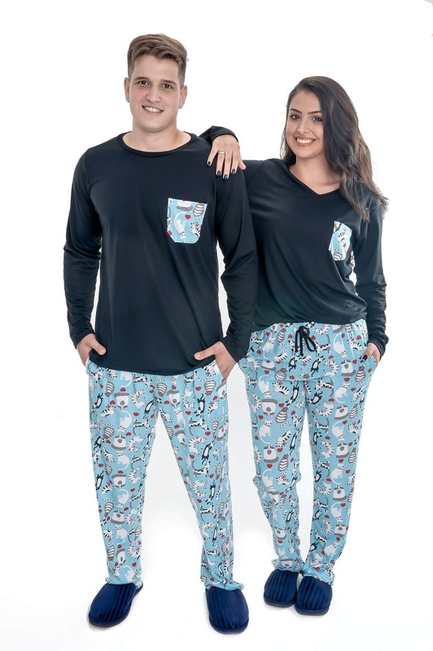 pijama casal combinando inverno gatinhos longo preto mania pijamas 2